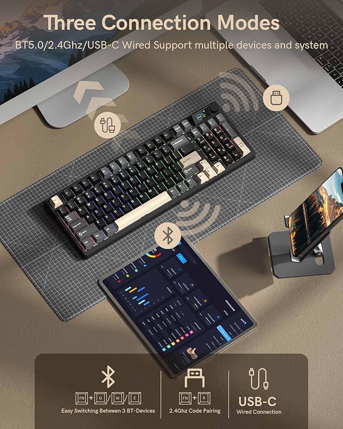 Keymatic M98 Wireless Mechanical Keyboard w/Screen & Knob, 96% Gaming Keyboard BT/2.4G/USB-C, Hot Swappable Custom Gaming Creamy Keyboard,with 8000mAh Battery