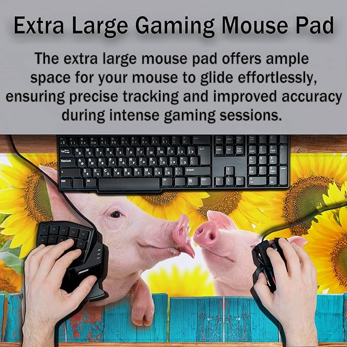 Keyboard Mat Yellow Blue Long Mouse Pad, Computer Mat Large Desk Pads, Big Desk Mat Non-Slip Rubber Base, 35.4 X 15.7 inch for Work/Game/Office/Home Funny Pig Hanging on A Fence. Studio Photo.