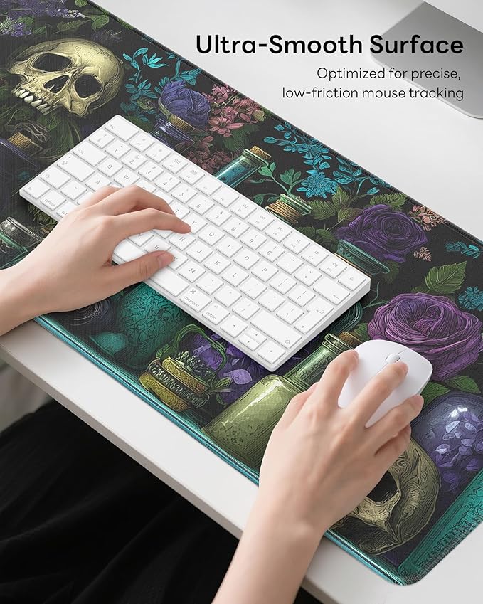 Skull Mouse Pad, 31.5 x 11.8 Large Desk Mat with Stitched Edges & Non-Slip Base, Mousepad for Office, Home, Work, Colourful Skulls