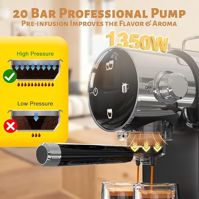 AYCHIRO Espresso Machine 20 Bar, Touchscreen Espresso Coffee Machine with Steamer, Espresso Maker with Milk Frother for Latte & Cappuccino, Removable Water Tank, Black