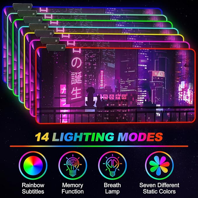 ARTSO Large RGB Gaming Mouse Pad Purple, Extended Soft Led Mouse Pad with 14 Lighting Modes, Water Resist Keyboard Pad, Non-Slip Rubber Base Computer Mousepads Mat 35.4x15.7inch,Purple Neon Sign