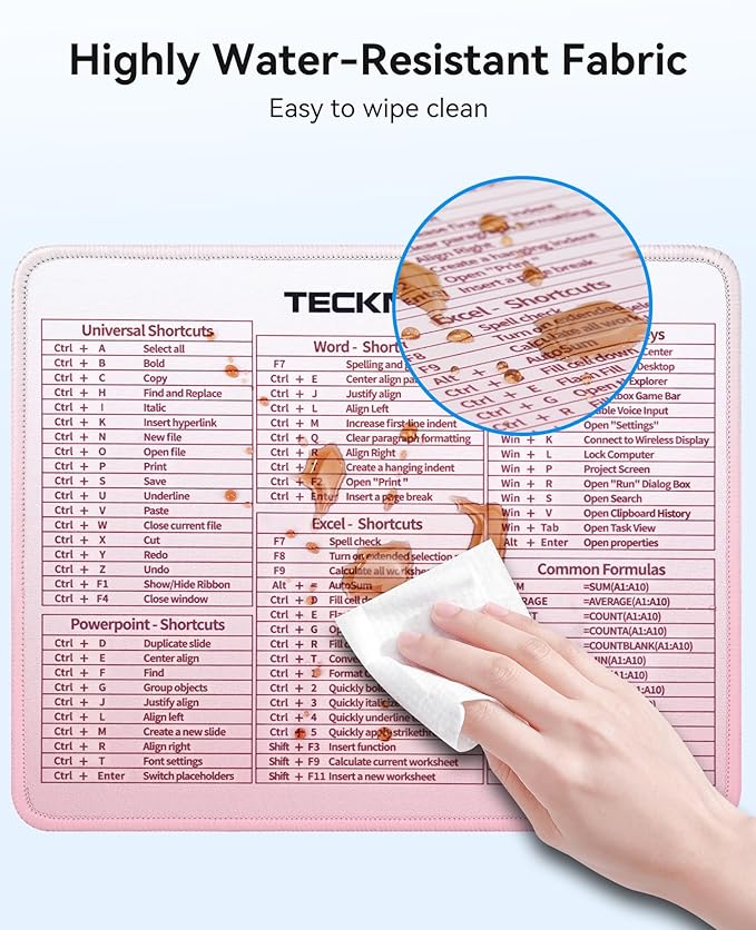 TECKNET Excel Cheat Sheet Desk Pad, Mouse Pad for Excel Word PowerPoint Windows Shortcuts-11.6x9.8 Inch, Non-Slip Waterproof Office Desk Mat, Portable, Durable, Clear Printing, Pink