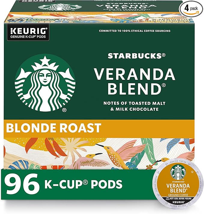 Starbucks K-Cup Coffee Pods, Starbucks Blonde Roast Hot or Iced Coffee, Veranda Blend, 96 Keurig Pods