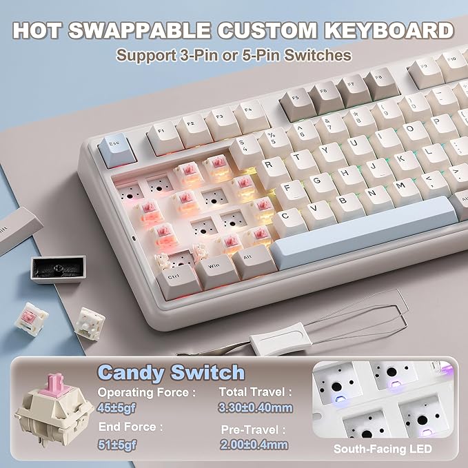 YUNZII B98 PRO QMK/VIA Wireless Mechanical Gaming Keyboard, 96% Layout with Numpad and Cute Cat Knob, BT/2.4G/USB-C, Pre-Lubed Switch Hot Swap Gasket, RGB for Win/Mac (Beige, Candy Linear Switch)