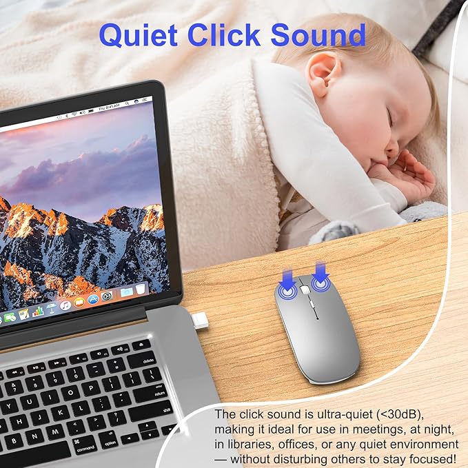 Bluetooth Wireless Mouse for MacBook Air Mac Pro iPad Laptop Computer Pad Optical Rechargeable Slim Silent Dual Mode (2.4G USB-C/USB-A&Bluetooth 5.2/3.0) Mouse Jiggler for Computer Awakening(Grey)