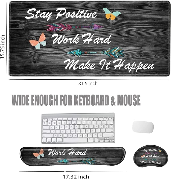 Stay Positive Mouse Pad and Keyboard Wrist Rest Inspirational Desk Mat Set Gaming Mousepad with Wrist Support XXL Computer Mat 31.5" x 15.75" Mouse Mat Organization Decor