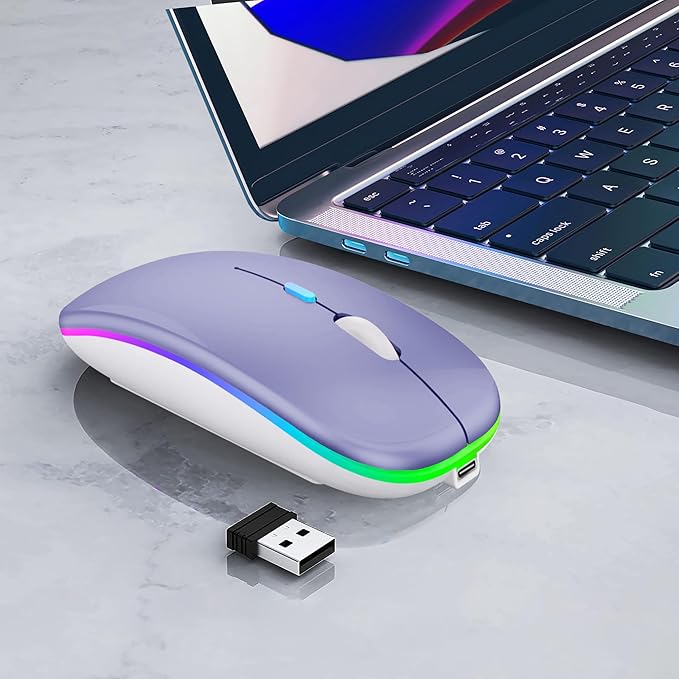 Wireless Bluetooth Mouse Rechargeable Laptop Mice with LED Lights Silent Slim Use(BT5.2 and 2.4G Portable USB Receiver)Dual Mode Computer Mouse for Laptop/iPad/Tablet/Apple/Computer/Mac(Purple)