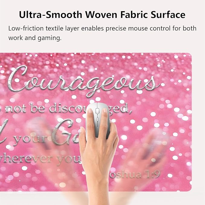 knseva. Large Gaming Mouse Pad with Stitched Edges, Be Strong and Courageous Inspirational Quote Joshua 1:9 Bible Verse Scripture Pink Glitter Background, Anti-Slip Waterproof XXL Extended Desk Mat