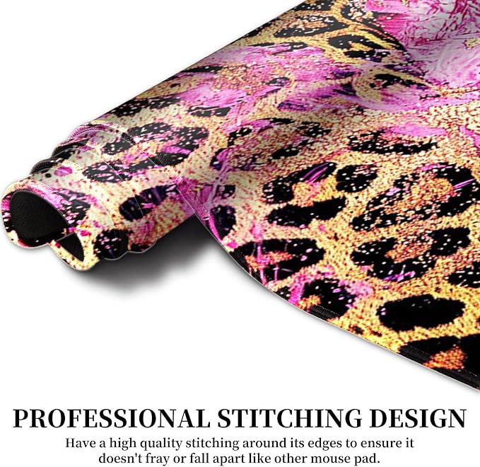 Large Gaming Mouse Pad, Pink Leopard Print Desk Pad, Big Extended Keyboard Mouse Mat with Stitched Edge for Laptop Computer Game Office Home Desk Decor with Coaster ﻿
