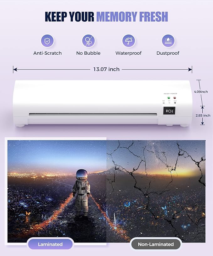 9 Inch Portable Laminator Machine with Anti-Jam Tech, All-in-One A4 Thermal Laminator w/Trimmer & Corner Rounder for Home, Office, School, Business, 40 Sheets Included（White）