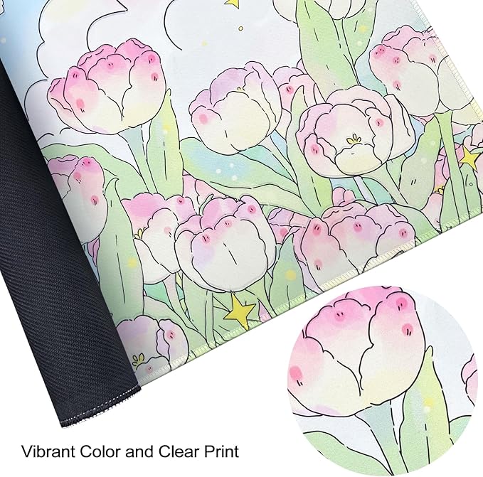 Extended Large Gaming Mouse Pads Mat 35.4"x15.7"x0.12"(3mm Thick), Oversized Office Desk Mat with Stitched Edges (Cute Tulips)
