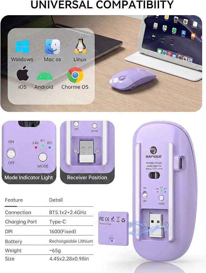 RAPIQUE R306 Pro Wireless Mouse, Dual Bluetooth & 2.4GHz, Connect Up to 3 Devices, Type-C Rechargeable, Silent Click, Ergonomic Symmetrical Design, for MacBook, iPad, Laptop, Purple