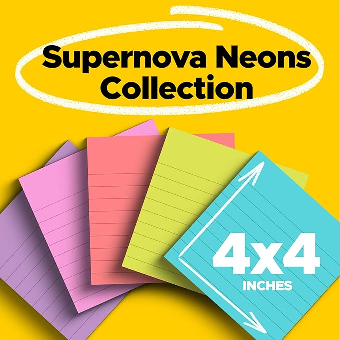 Post-it Super Sticky Notes, 6 Lined Sticky Note Pads, 4 x 4 in., Ideal for Organization in Your Dorm, Home or Office, 2X The Sticking Power, Supernova Neons Collection
