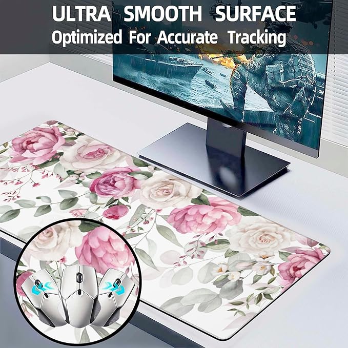Large Gaming Mouse Pad for Desk,Pink Peony Flowers Eucalyptus Leaves Desk Mat,Watercolor Floral Desk Pad,Extended Big Computer Keyboard Mouse Pad with Non-Slip Base Stitched Edge 31.5"x11.8"