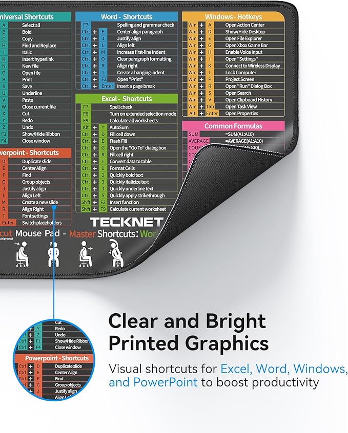 TECKNET Excel Cheat Sheet Desk Pad, Mouse Pad for Excel Word PowerPoint Windows Shortcuts-11.6x9.8 Inch, Non-Slip Waterproof Office Desk Mat, Portable, Durable, Clear Printing, Black