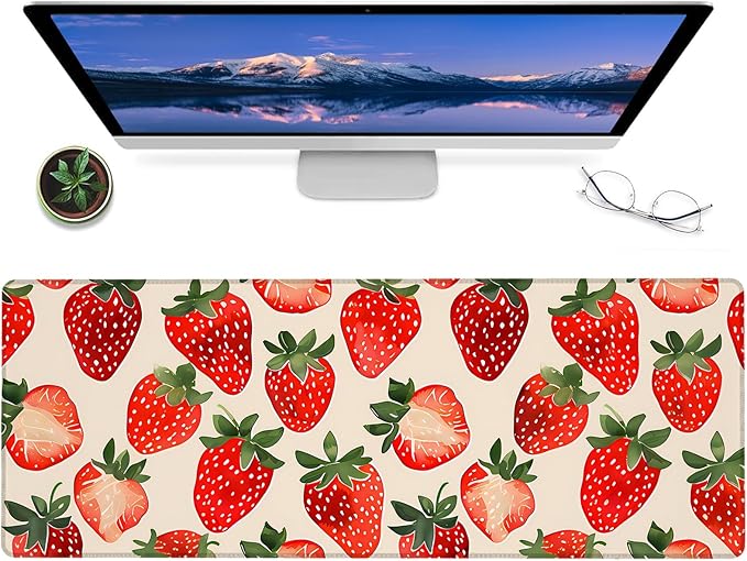 Cute Strawberry Gaming Mouse Pad – 12x31.5in Non-Slip Rubber Desk Mat with Fresh Fruit Design – Large Extended Mousepad for Office Home – Deskmat Gifts for Food Lovers Decor