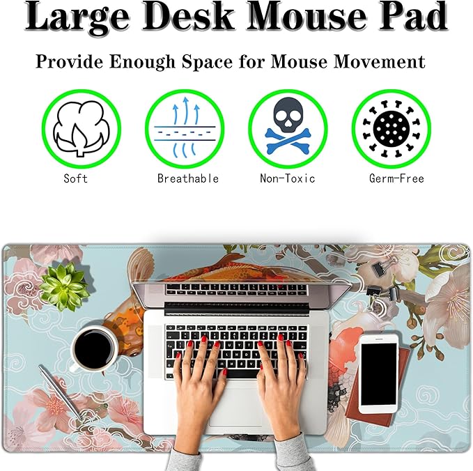XXL Mouse Pad, Gaming Mousepads Desktop Mats, Extra Large Desk Pad Non-Slip Rubber Base Waterproof with Stitched Edges, 35.4 X 15.7 inch for Work/Game/Office/Home Japanese Traditional Fish