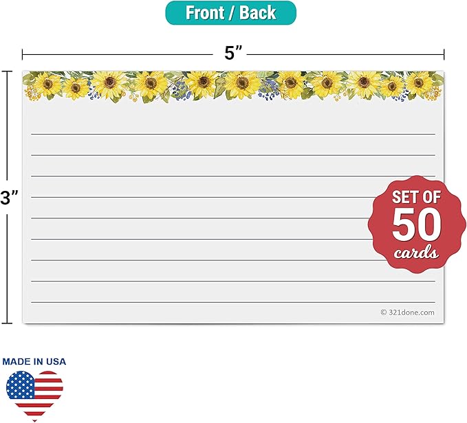 321Done Sunflower Index Cards - Made in USA - Small 3x5 (Set of 50), Narrow-Ruled Lined Notecards Double-Sided, Thick Heavy Duty Cardstock, Cute Pretty Sun Flowers Floral on White Ruled Lines
