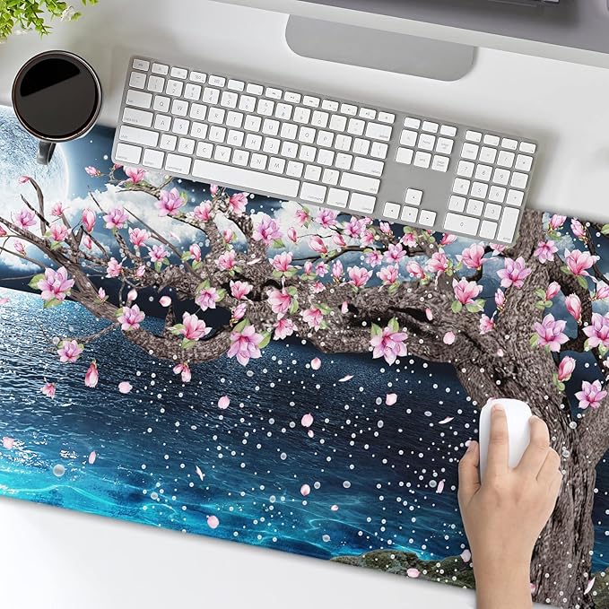 Japanese Pink Floral Gaming Mouse Pad XL Sakura Cherry Blossom Magnolia Tree Blue Ocean Moon Night Extended Big Large Desk Mat Non-Slip Rubber Base Stitched Edge Long Keyboard Mousepad 31.5×11.8 in