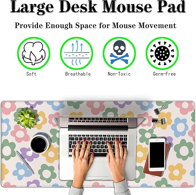 Computer Mat Jumbo Mouse Pad Extra Large Mouse Pads Desk Pad for Woman Gaming Mousepads Modern Desk Pad Non-Slip Rubber Base 35.4" X 15.7" for Game Office, Colorful Groovy Flowers
