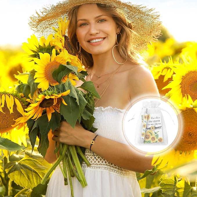 24 Sets Sunflower Gifts Bracelets Ballpoint Pens Bulk Sunflower Yellow Floral Theme Retractable Pens with Information Card Organza Bags for Women Men Office School Party Favors Supplies