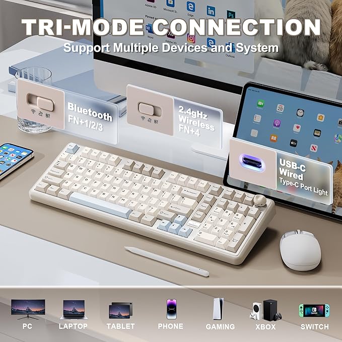 YUNZII B98 PRO QMK/VIA Wireless Mechanical Gaming Keyboard, 96% Layout with Numpad and Cute Cat Knob, BT/2.4G/USB-C, Pre-Lubed Switch Hot Swap Gasket, RGB for Win/Mac (Beige, Milk V2 Linear Switch)