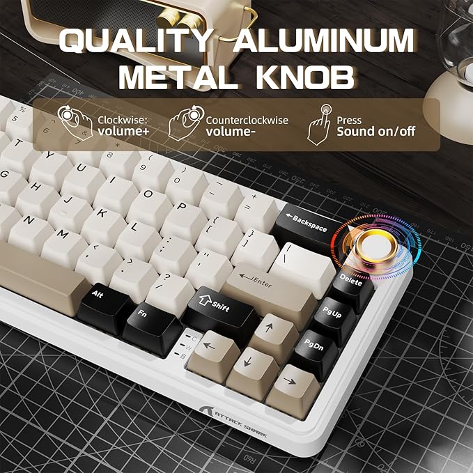 ATTACK SHARK X66 60% Wireless Mechanical Gaming Keyboard with Volume Knob, Gasket Hot Swappable Custom Keyboard, PBT Keycaps, Tri-Mode USB-C/BT5.0/2.4G RGB Keyboard with Coiled Cable - Cheese White