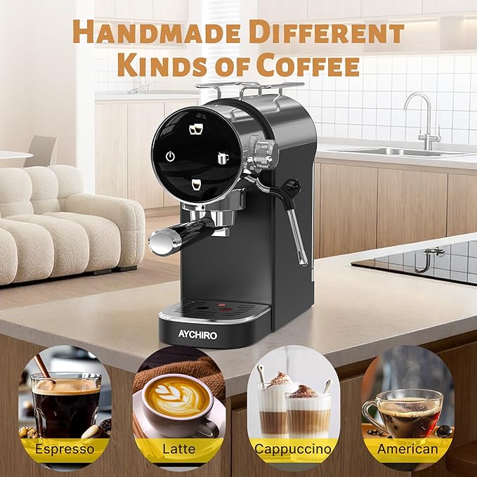 AYCHIRO Espresso Machine 20 Bar, Touchscreen Espresso Coffee Machine with Steamer, Espresso Maker with Milk Frother for Latte & Cappuccino, Removable Water Tank, Black