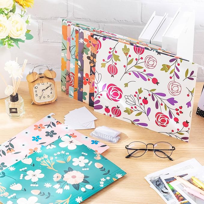 30 Pcs Decorative File Folders Floral Folders, 10 Colored Designs Cute Hanging File Folder Including Adjustable Tabs and Inserts, Letter Size Colored File Folders for Office