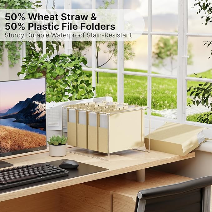 XINGIA Wheat Straw Extra Capacity Hanging File Folder,Letter Size 2 Inch Expanding Plastic File Cabinet Folders,Heavy Duty Hang Folders with Tabs,Accordian Pocket for File Frame Box(Morandi Yellow)