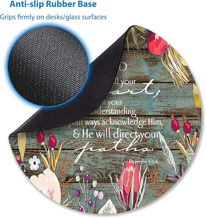 Motivational Round Mouse Pad Christian Bible Verses Scripture Quote Proverbs 3:5, Trust in The Lord with All Your Heart Vintage Floral Rustic Wood Inspirational Circular Desk Mat