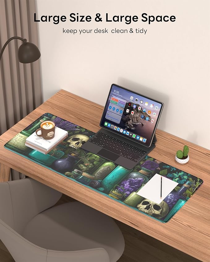 Skull Mouse Pad, 31.5 x 11.8 Large Desk Mat with Stitched Edges & Non-Slip Base, Mousepad for Office, Home, Work, Colourful Skulls