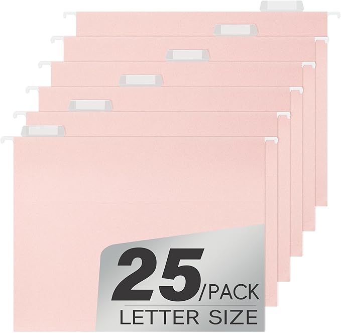 Hanging File Folders,25 Pack Pink Folders,Reinforced Hang Folders Letter Size,Adjustable 1/5-Cut Tabs,Designed for Bulky Files,Filing Cabinet