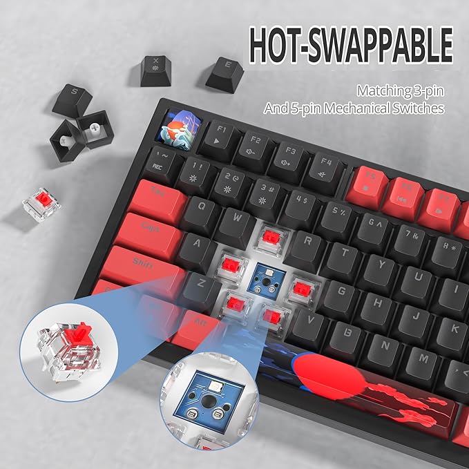 75% TKL Wired Mechanical Keyboard,RGB Backlit Gasket Mount 82 Key Hot Swappable Custom Linear Red Switch Gaming Keyboard with Volume Knob & PBT Keycaps (82 Black)