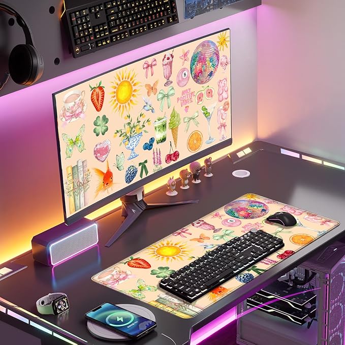 Cute Pink Boho Pastel Desk Mat Colorful Desk Mat for Keyboard and Mouse XXL Large Mouse Pad Desk Pad Mat Floral Cozy Aesthetic Desk Decor for Women Girl Teacher