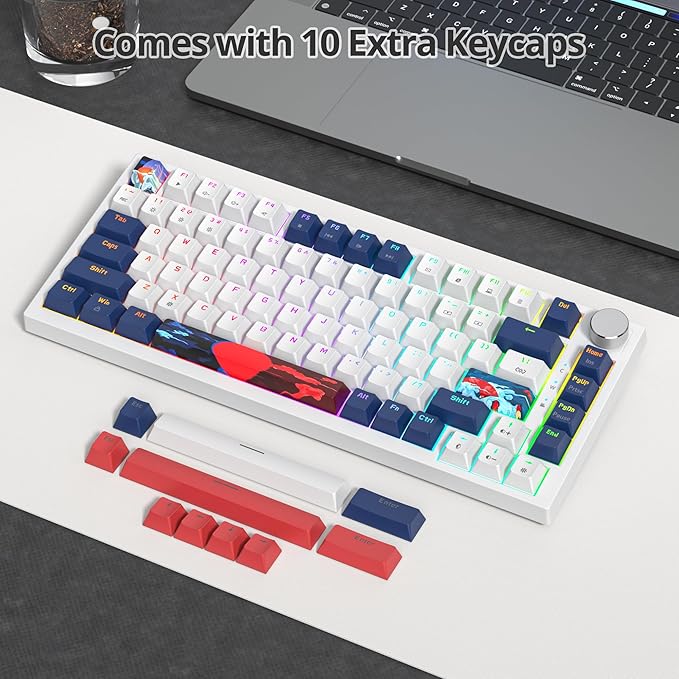 75% Mechanical Gaming Keyboard, Hot Swappable RGB Backlit Custom With Knob, Gasket Mount USB Wired, 82 Keys Blue White Linear Red Switch (82 Blue White)