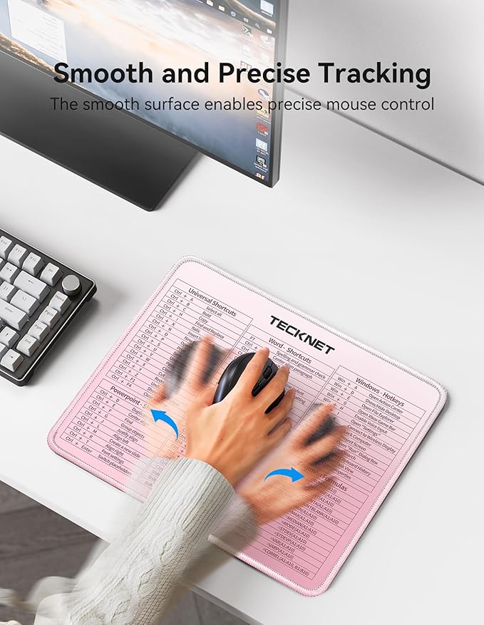 TECKNET Excel Cheat Sheet Desk Pad, Mouse Pad for Excel Word PowerPoint Windows Shortcuts-11.6x9.8 Inch, Non-Slip Waterproof Office Desk Mat, Portable, Durable, Clear Printing, Pink