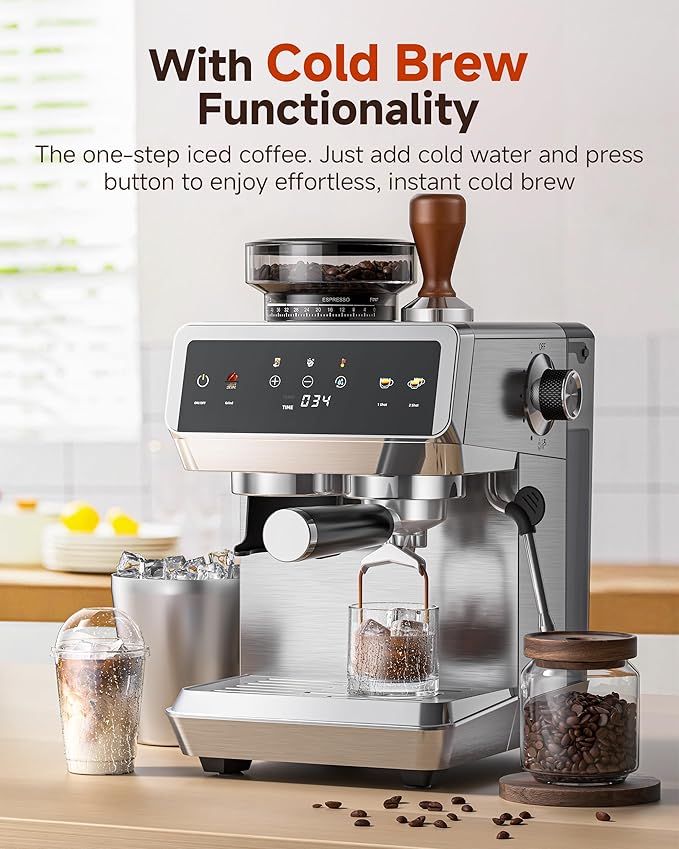 AMZCHEF Espresso Machine With Grinder, 190℉-201℉ Temp Control Coffee machine with 44 Grind Setting, Milk Frother, Touch Screen, Cold Brew, Sliver