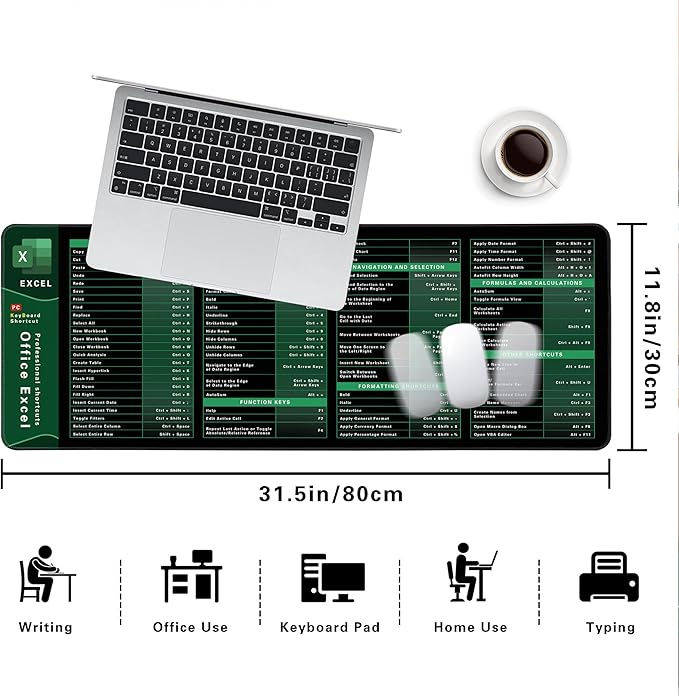 Excel Shortcut Keys Mouse Pad,Desk Mat,Common Software Shortcut Keys Gaming Mouse Pad,Keyboard Mat Office Desk Decor Accessories