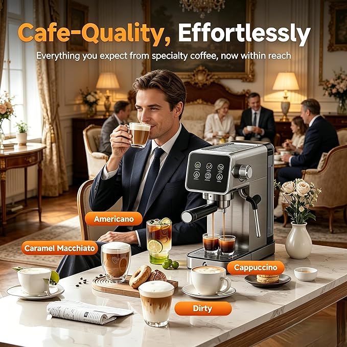 AMZCHEF Espresso Machine 20 Bar, Easy-to-Use Compact Coffee Maker with LED Touchscreen, Self-Cleaning & Milk Frother, Perfect Coffee Starter for Beginners, Lattes and Cappuccinos Machine