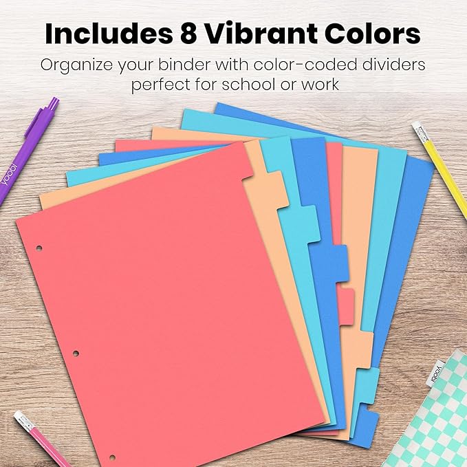 Yoobi 8 Tab Binder Dividers, 3 Hole Punch Divider Set for 3 Ring Binders, Pack of 4 Multicolor Loose Leaf Dividers, Includes Sticky Labels for Blank Tabs, Office or School Supplies, Binder Organizer