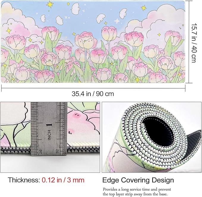Extended Large Gaming Mouse Pads Mat 35.4"x15.7"x0.12"(3mm Thick), Oversized Office Desk Mat with Stitched Edges (Cute Tulips)