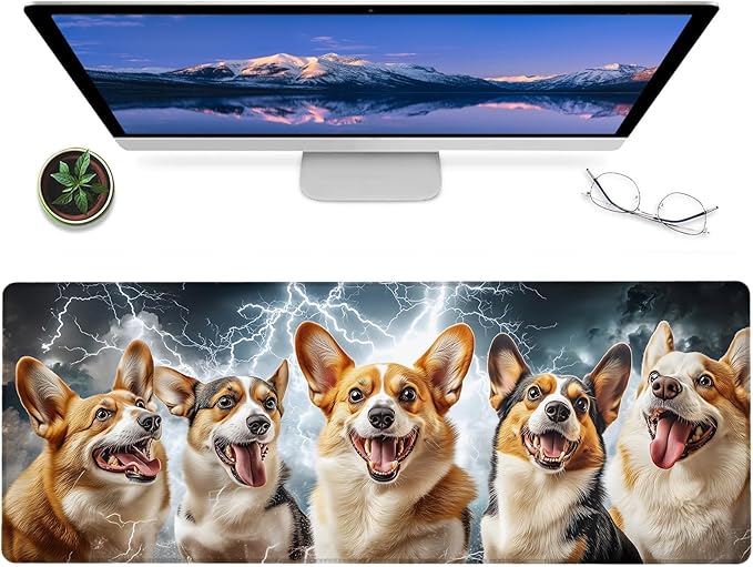Cute Corgi Gaming Mouse Pad – 12x31.5in Large Extended Desk Mat with Cool Dynamic Lightning Dog Design – Non-Slip Rubber Mousepad for Office Home – Deskmat Gifts for Pet Lovers Decor