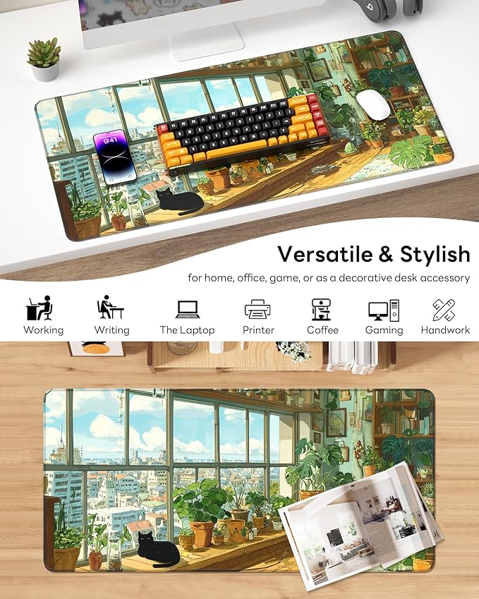 XL Gaming Mouse Pad, 31.5x15.7'' Large Desk Mat with Anti-Slip Rubber Base & Stitched Edges for Gaming, Office, Home - Greeny Cottage
