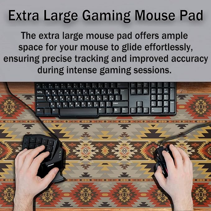 Gaming Mouse Pads Geometric Large Desk Pad Keyboard Pad Mousepad XXL Non-Slip Rubber Base Waterproof with Stitched Edges 35.4" X 15.7" for Game Office, American Navajo Style Aztec