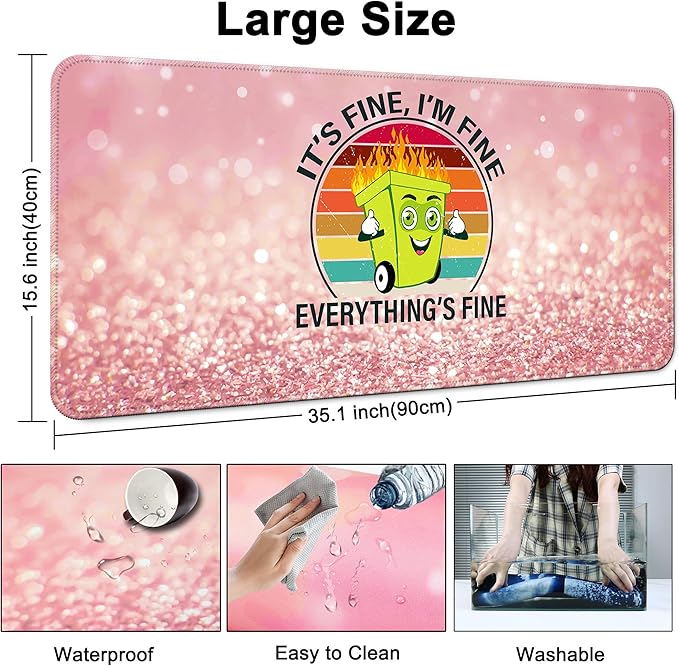 Desk Mat,Large Mouse Pad 35''×15.6'' XXL Extended Gaming Mouse Pad Mat with Non-Slip Base Stitched Eges Mousepad for Computer,Office,Keyboard and Laptop - Pink Fire
