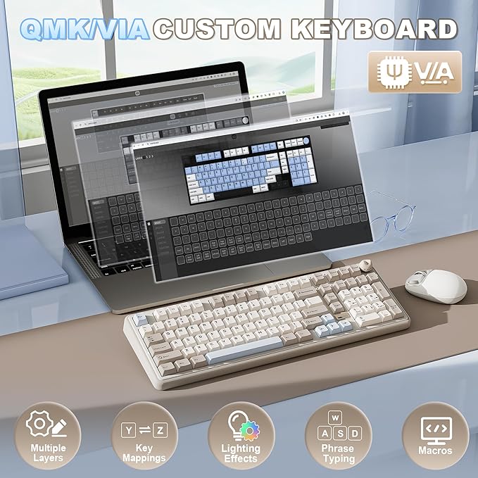 YUNZII B98 PRO QMK/VIA Wireless Mechanical Gaming Keyboard, 96% Layout with Numpad and Cute Cat Knob, BT/2.4G/USB-C, Pre-Lubed Switch Hot Swap Gasket, RGB for Win/Mac (Beige, Milk V2 Linear Switch)