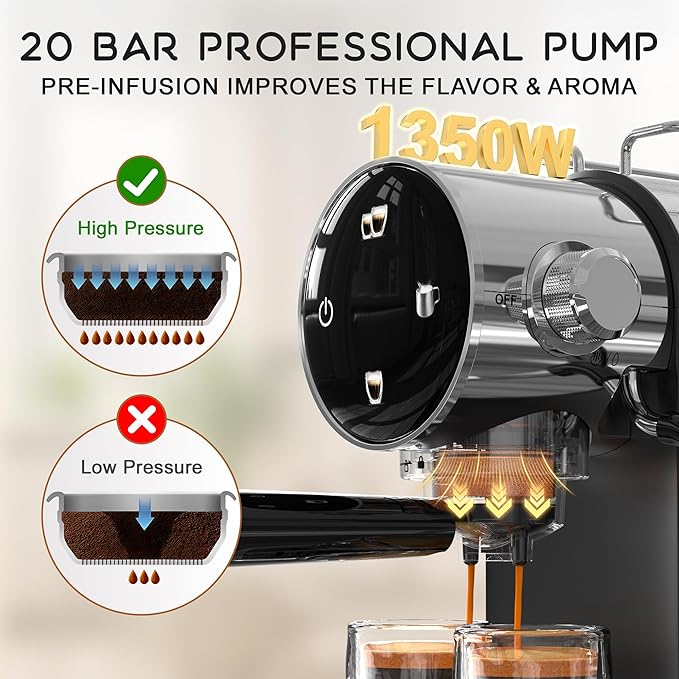 AYCHIRO Semi-Automatic Espresso Machine with Milk Frother, 20 Bar Espresso Coffee Machine, Espresso Maker with Removable Water Tank & Drip Tray, Compact for Home Latte Cappuccino