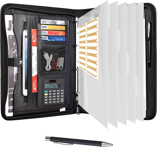 Eshow Portfolio Organizer - 3 Ring Binder with Zipper, Vegan Leather Business Padfolio Folder with Notepad Includes 5 Clear Sheet Protectors for Documents Files for Men Women
