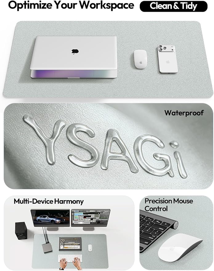 YSAGi Leather Desk Pad Protector, Office Desk Mat, Large Mouse Pad, Non-Slip PU Leather Desk Blotter, Laptop Desk Pad, Waterproof Desk Writing Pad for Office and Home (Silver, 31.5" x 15.8")